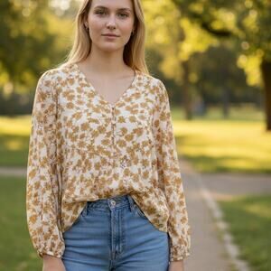 Solitaire Floral Top Women's Medium Cream Mustard & Gold Balloon Sleeve Blouse